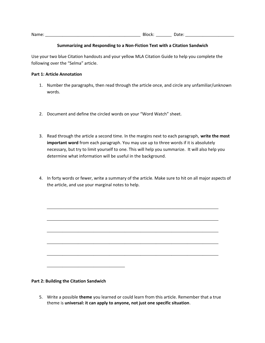 Summarizing and Responding to a Non-Fiction Text with a Citation Sandwich