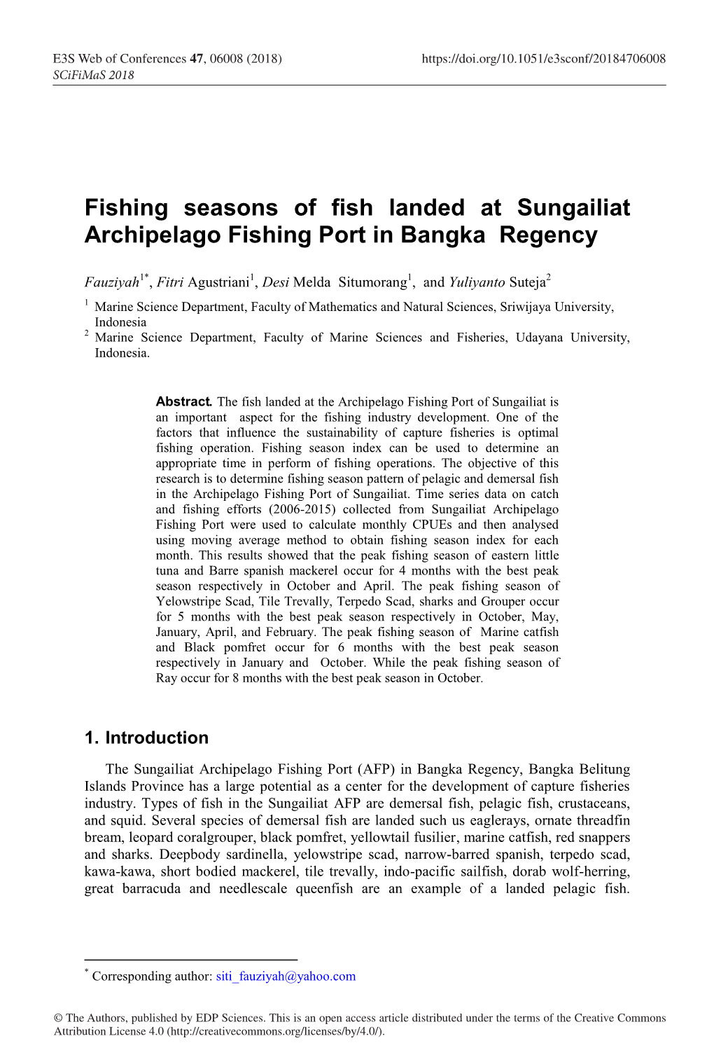 Fishing Seasons of Fish Landed at Sungailiat Archipelago Fishing Port in Bangka Regency