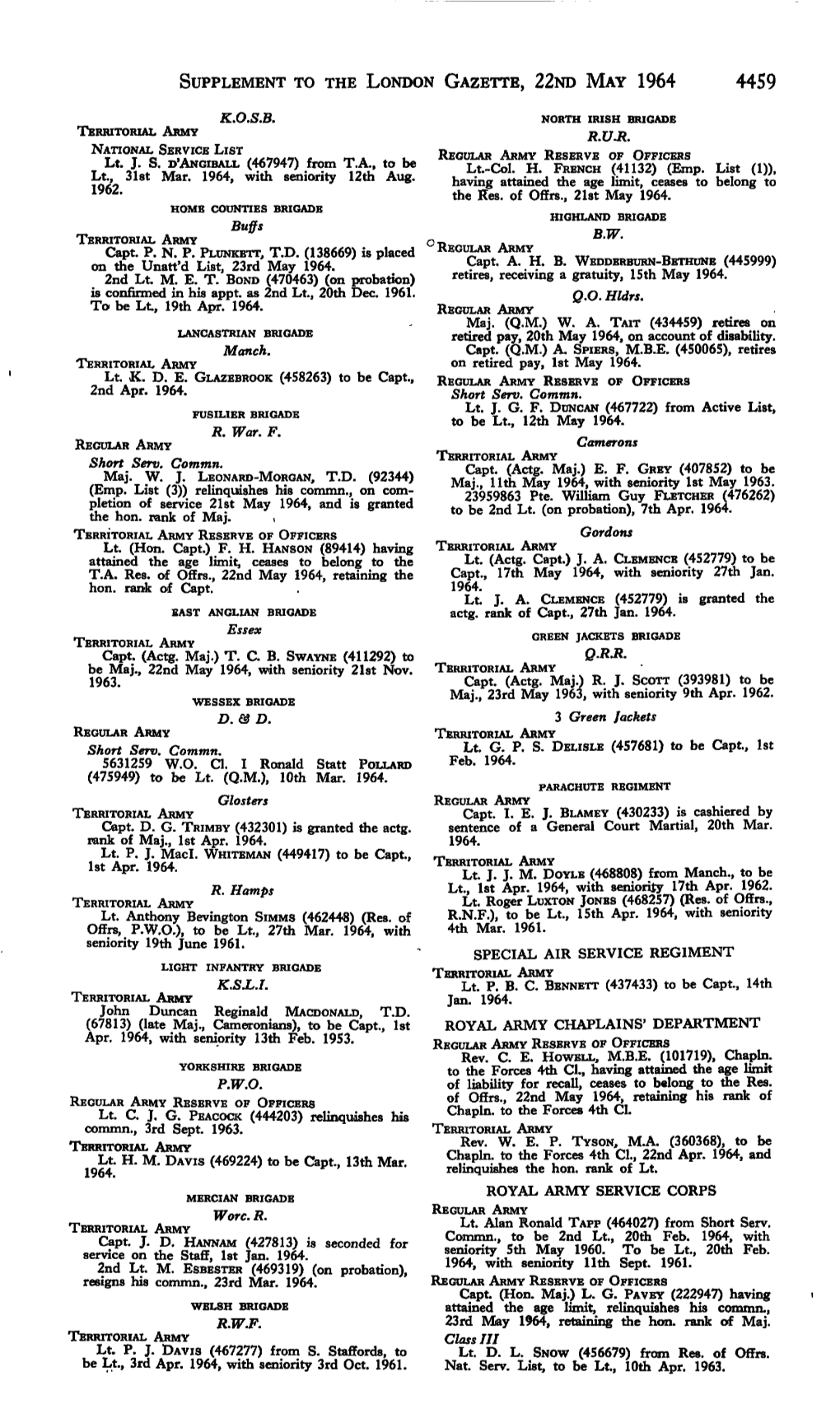Supplement to the London Gazette, 22Nd May 1964 4459