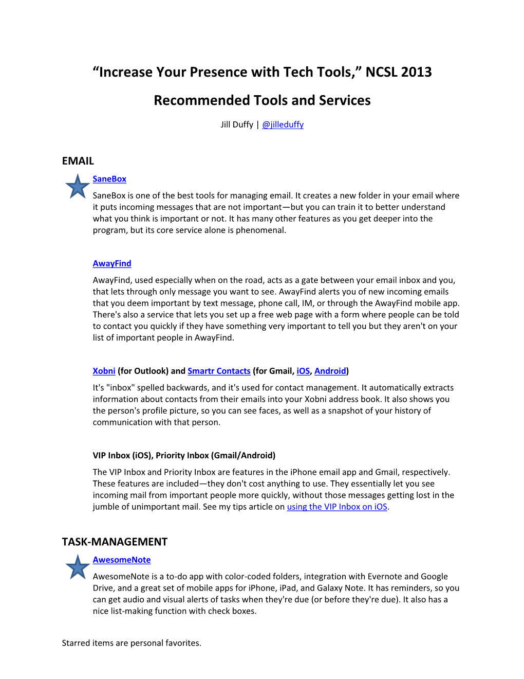 “Increase Your Presence with Tech Tools,” NCSL 2013 Recommended Tools and Services