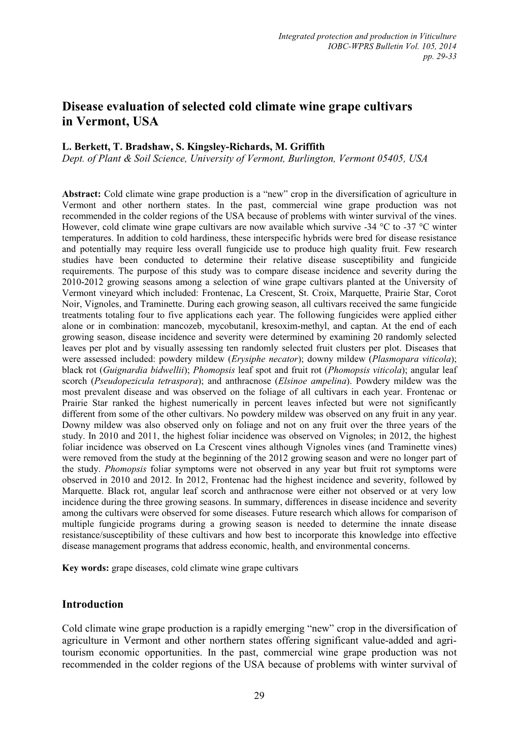 Disease Evaluation of Selected Cold Climate Wine Grape Cultivars in Vermont, USA