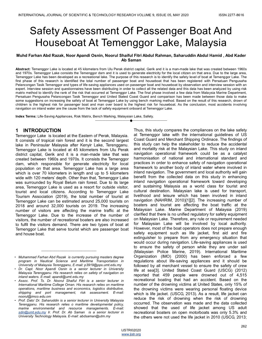Safety Assessment of Passenger Boat and Houseboat at Temenggor Lake, Malaysia