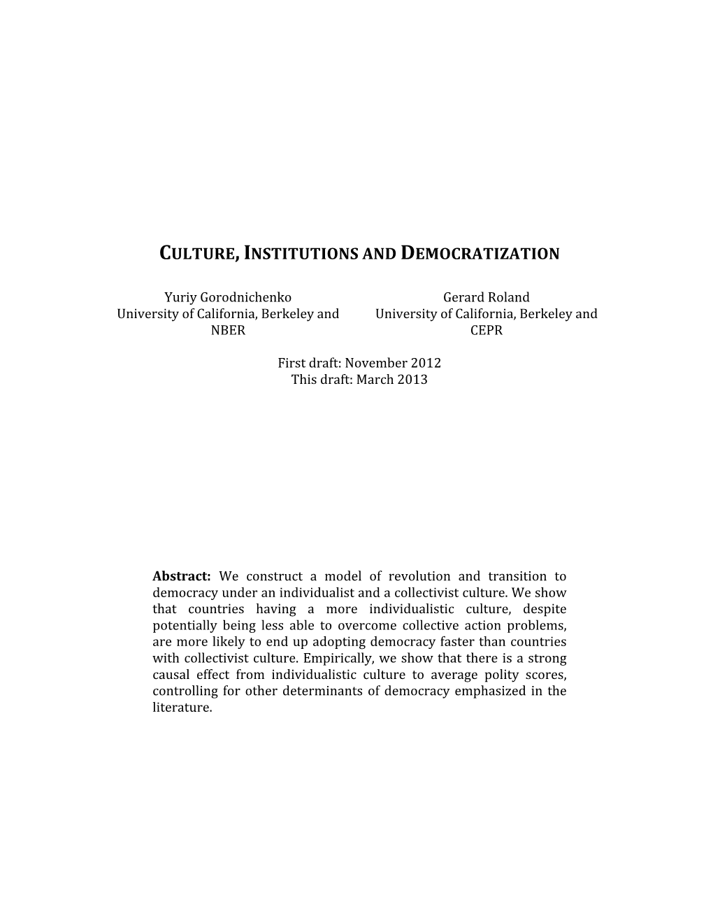 Culture, Institutions and Democratization