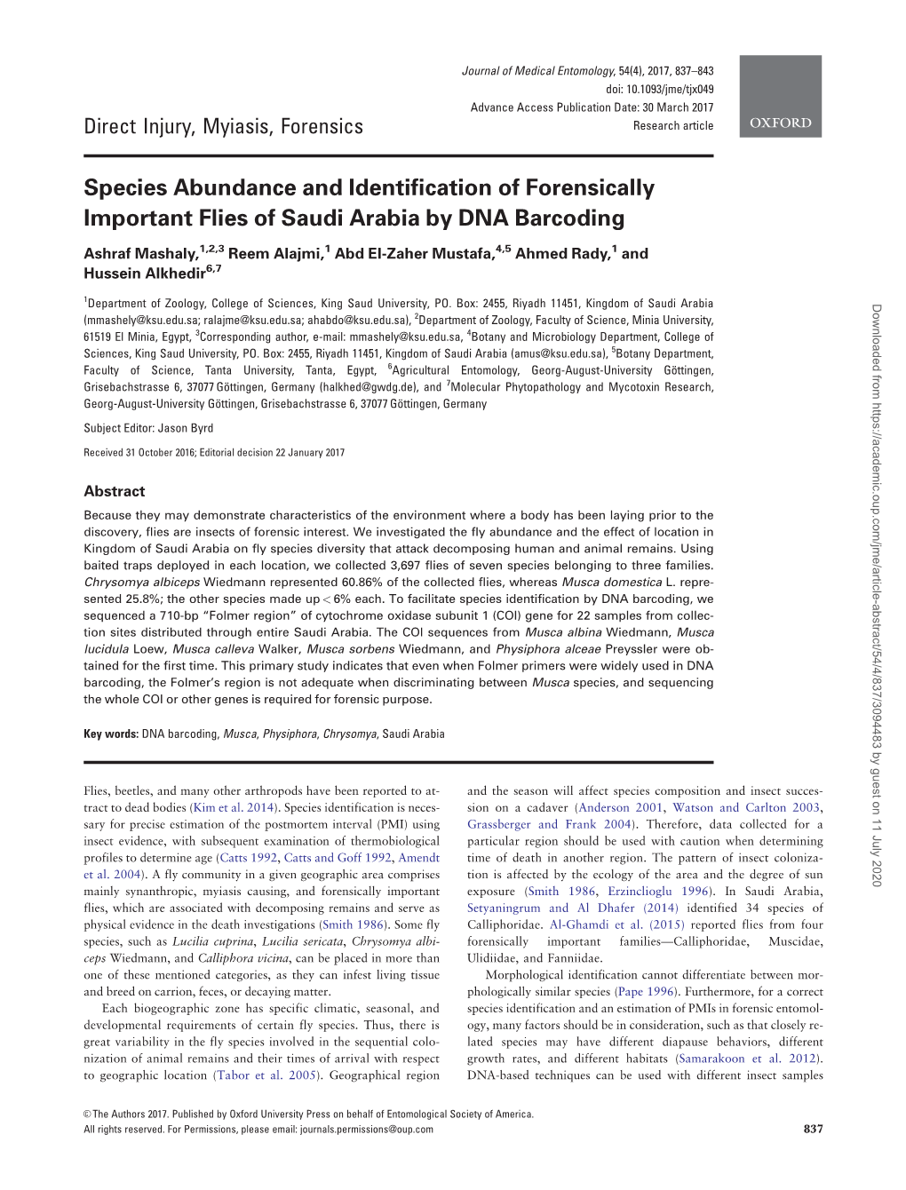 Species Abundance and Identification of Forensically Important Flies of Saudi Arabia by DNA Barcoding