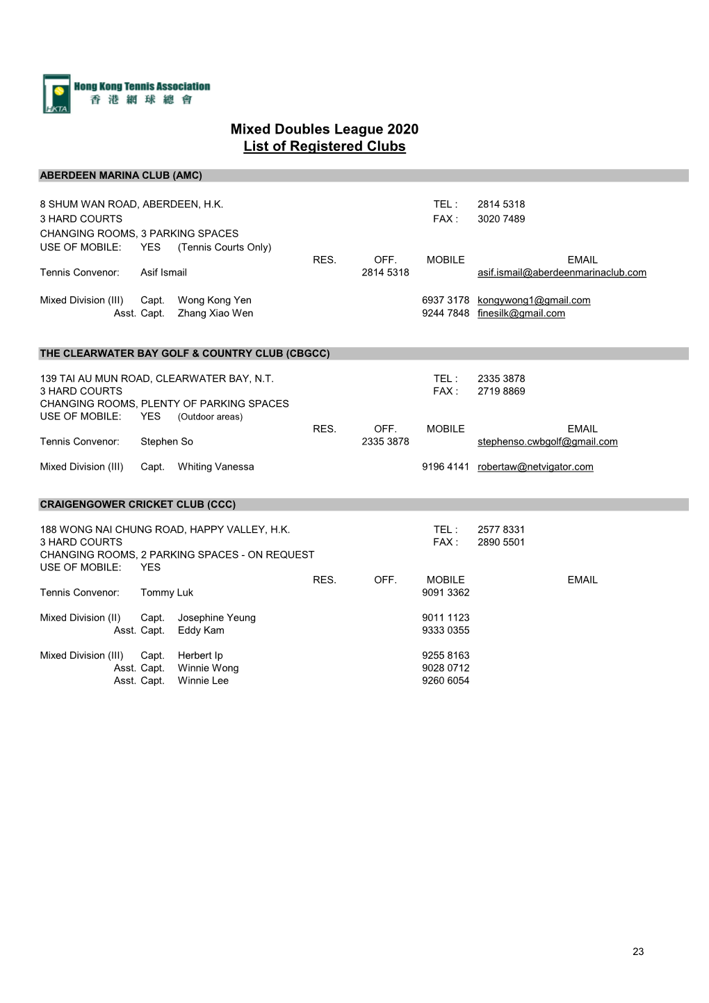 Mixed Doubles League 2020 List of Registered Clubs