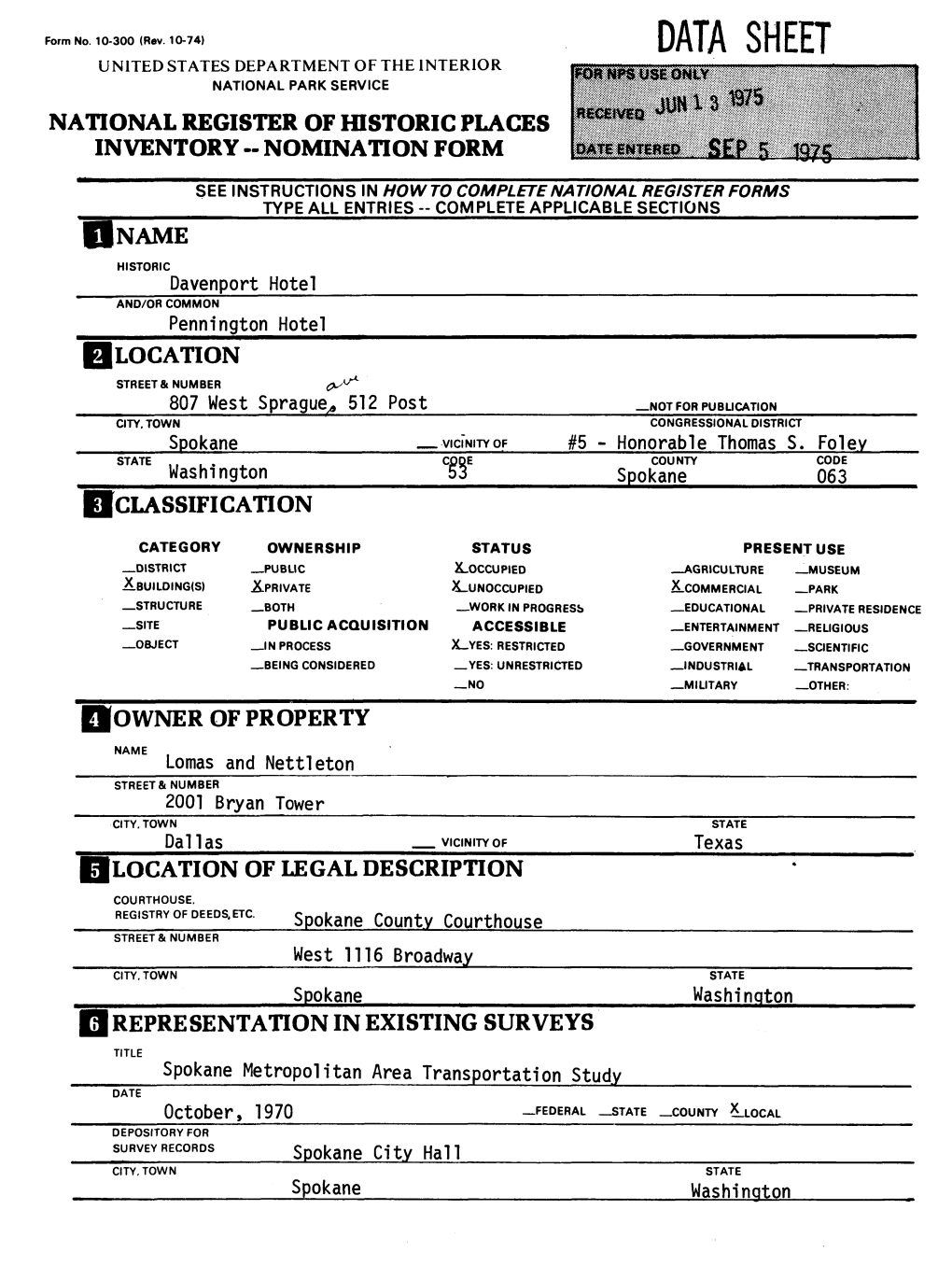 Data Sheet United States Department of the Interior National Park Service National Register of Historic Places Inventory - Nomination Form