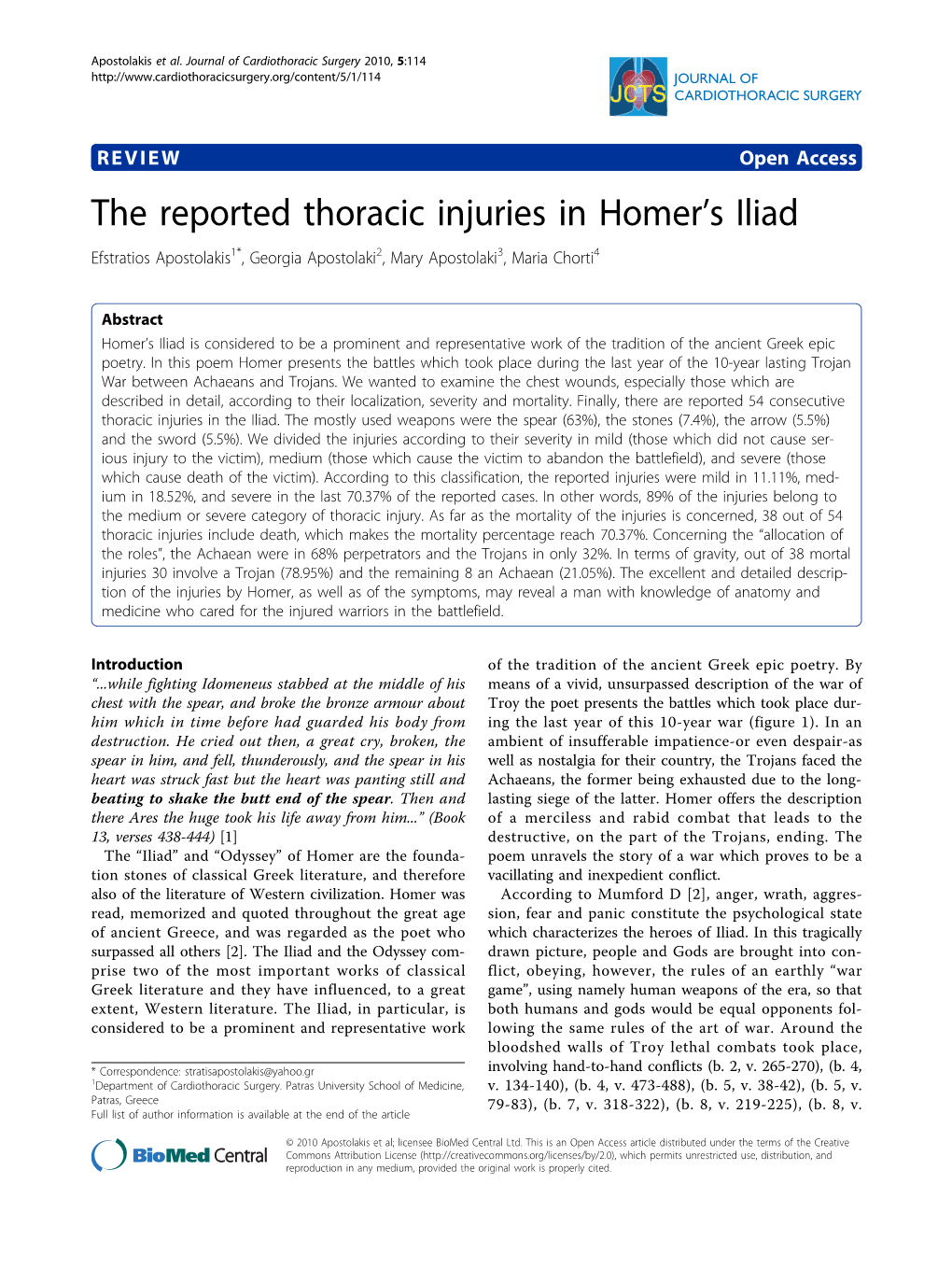 The Reported Thoracic Injuries in Homerls Iliad