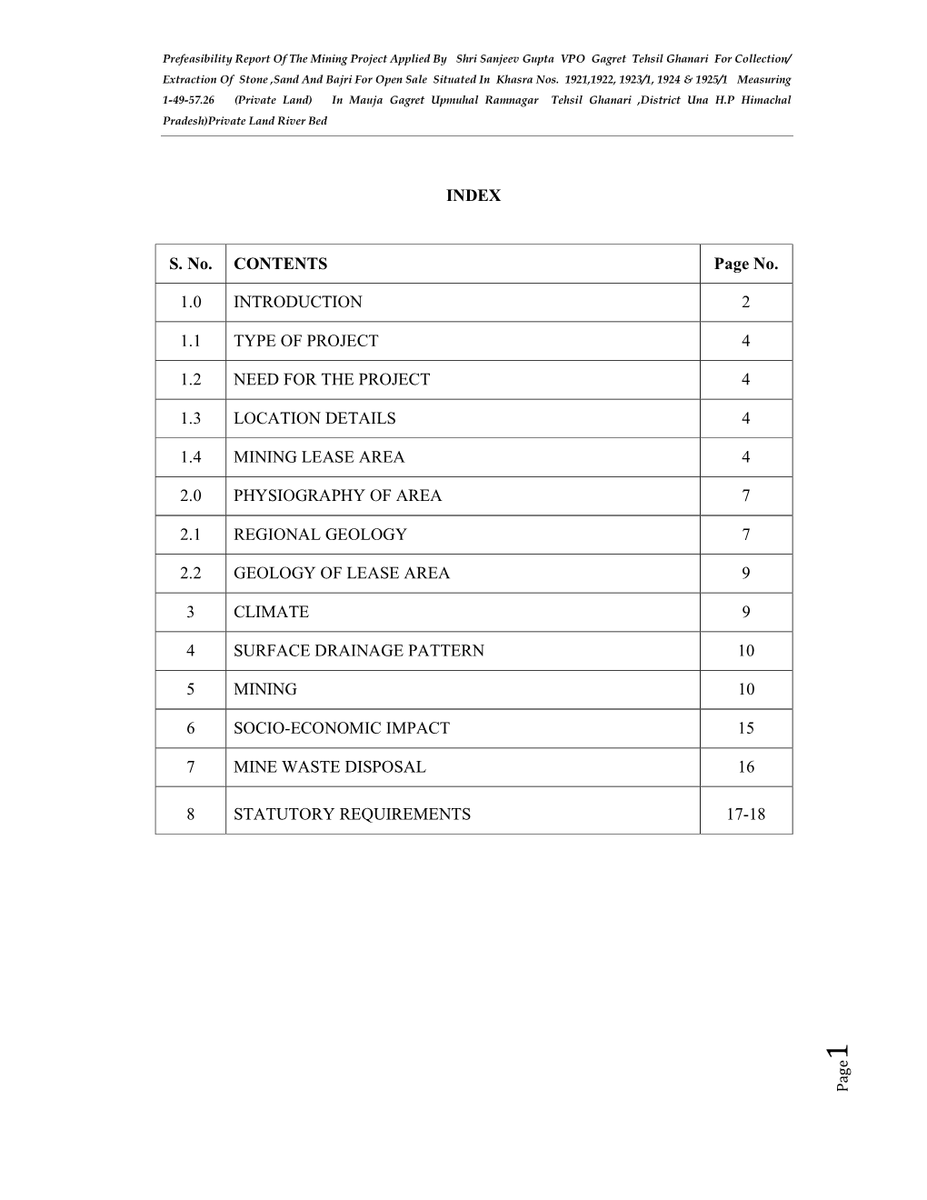 INDEX S. No. CONTENTS Page No. 1.0 INTRODUCTION 2 1.1 TYPE of PROJECT 4 1.2 NEED for the PROJECT 4 1.3 LOCATION DETAILS 4 1.4 MI