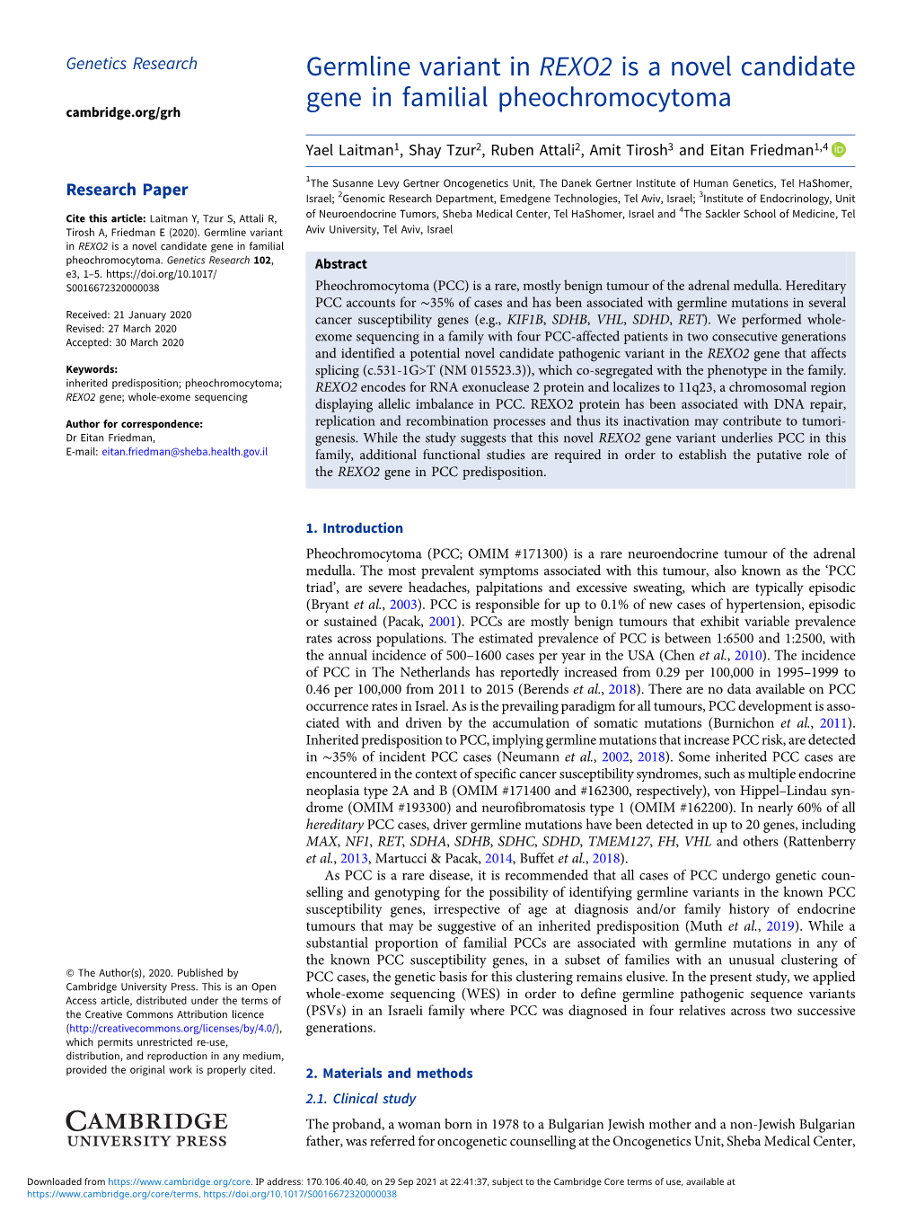 Germline Variant in REXO2 Is a Novel Candidate Gene in Familial Pheochromocytoma Cambridge.Org/Grh