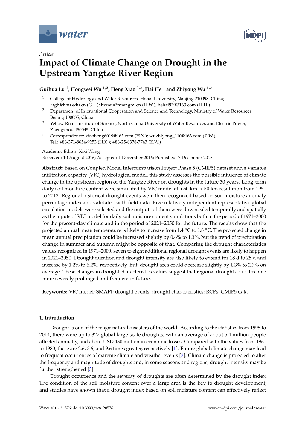 Impact of Climate Change on Drought in the Upstream Yangtze River Region