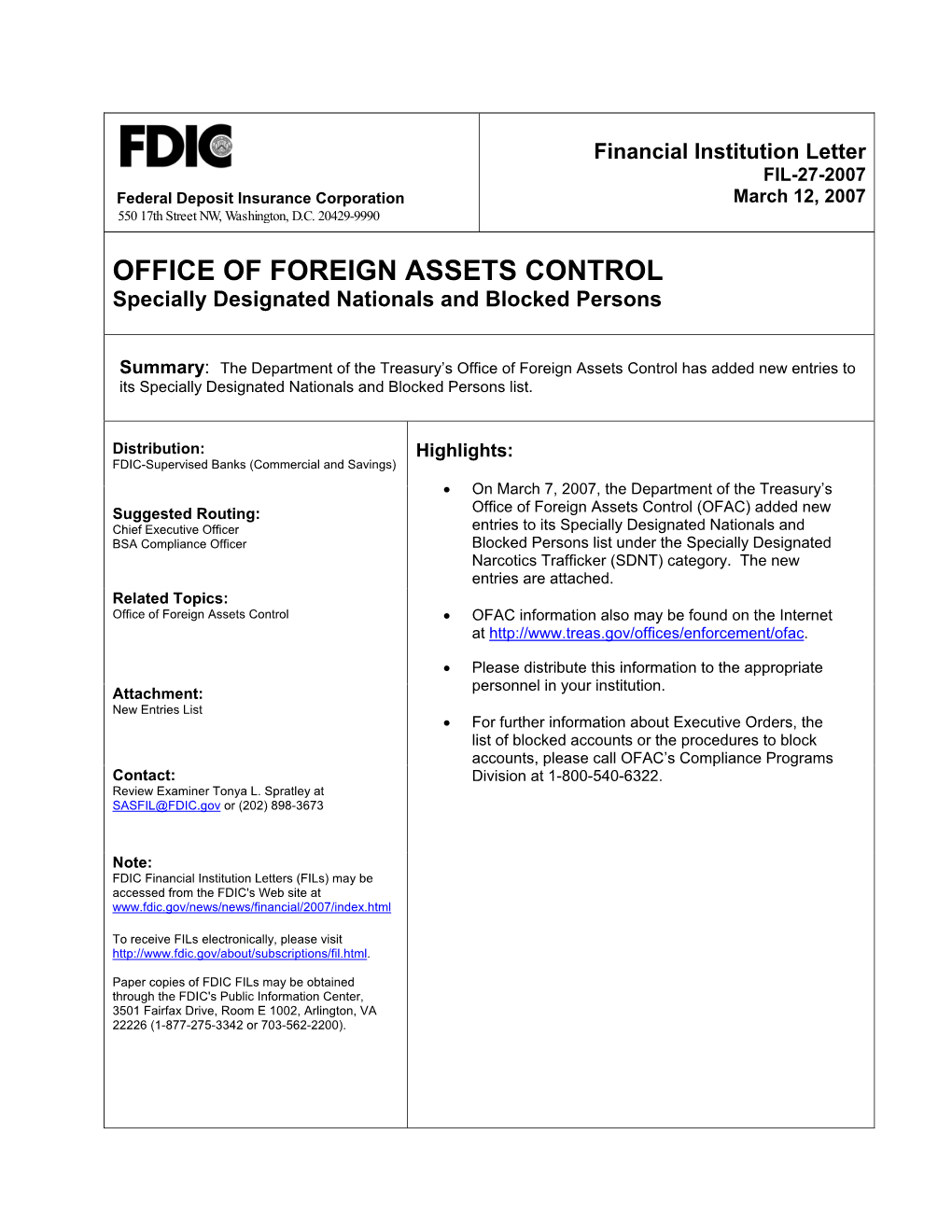 FIL-27-2007 Federal Deposit Insurance Corporation March 12, 2007 550 17Th Street NW, Washington, D.C