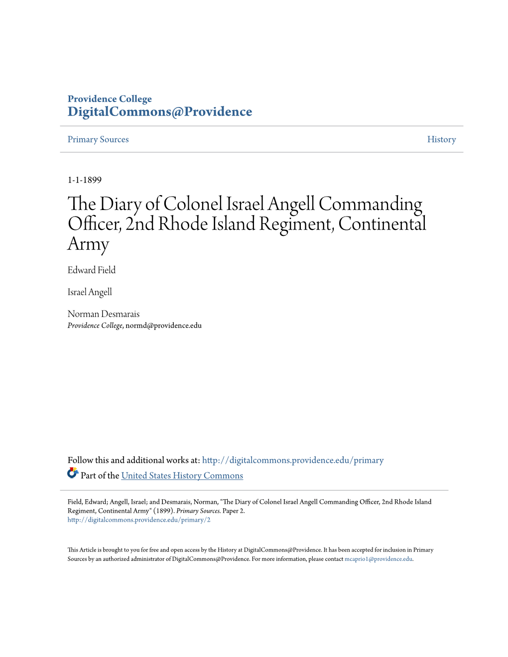 The Diary of Colonel Israel Angell Commanding Officer, 2Nd Rhode Island Regiment, Continental Army Edward Field