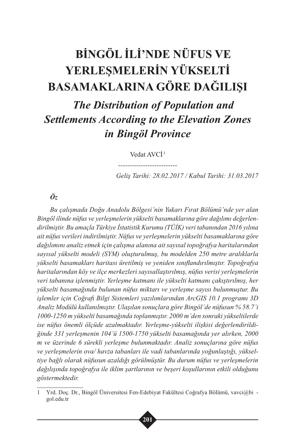 Bingöl Ili'nde Nüfus Ve Yerleşmelerin Yükselti Basamaklarına Göre Dağılışı