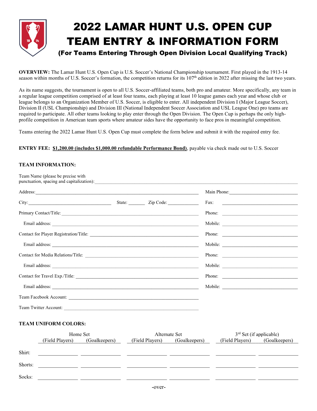 2022 Lamar Hunt U.S. Open Cup Team Entry & Information