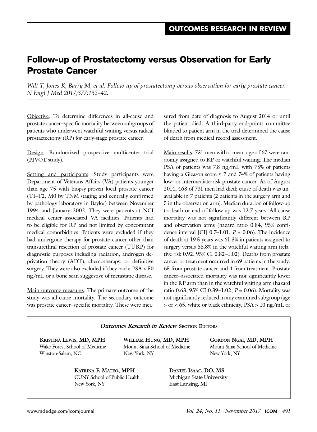 Follow-Up of Prostatectomy Versus Observation for Early Prostate Cancer