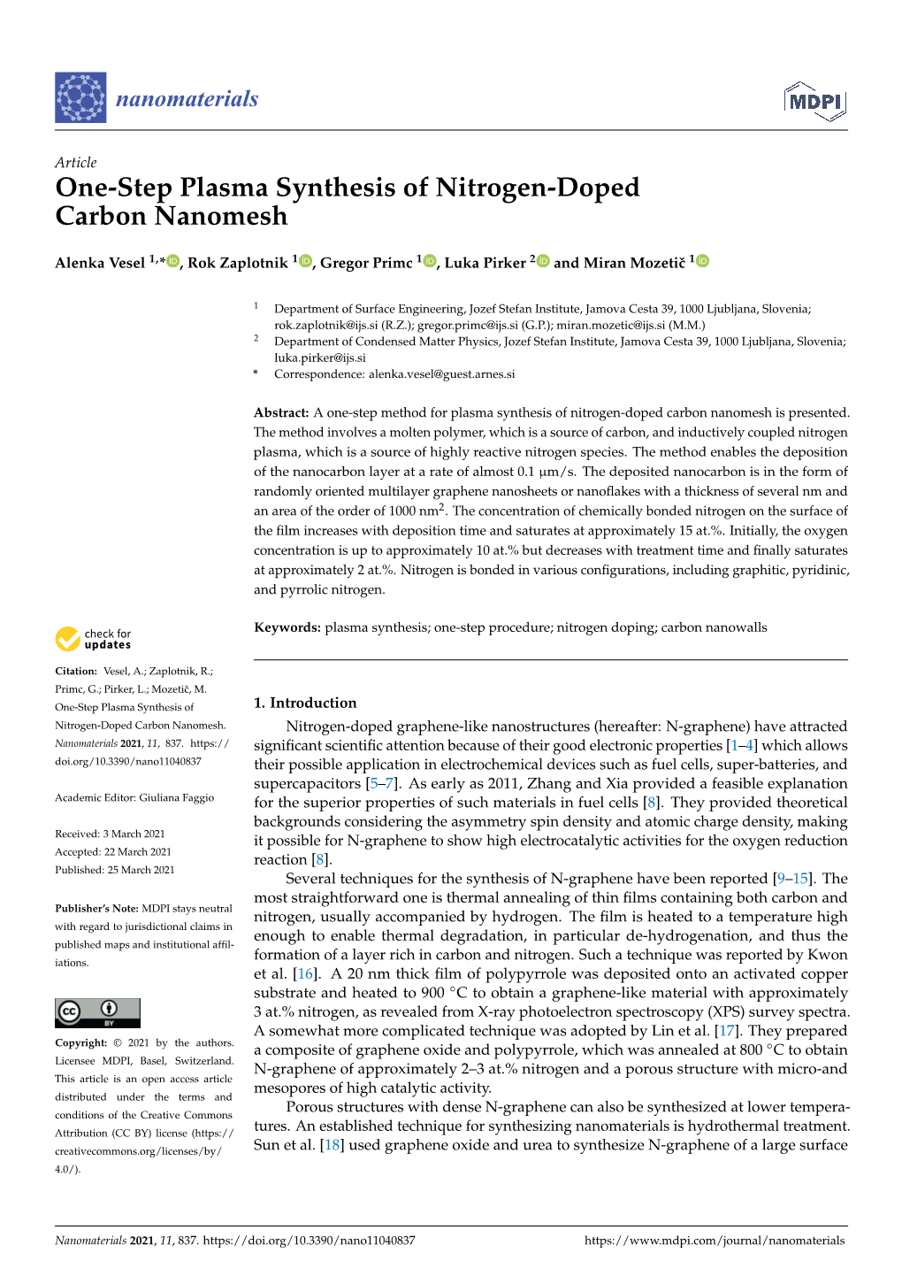 One-Step Plasma Synthesis of Nitrogen-Doped Carbon Nanomesh