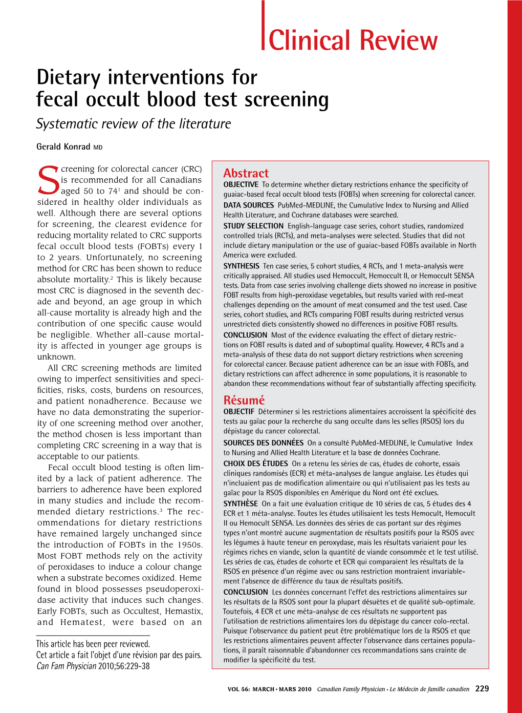 Clinical Review Dietary Interventions for Fecal Occult Blood Test Screening Systematic Review of the Literature