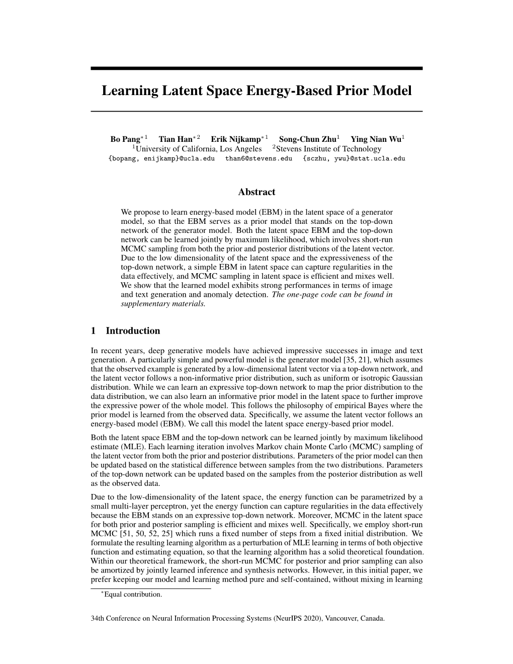 Learning Latent Space Energy-Based Prior Model