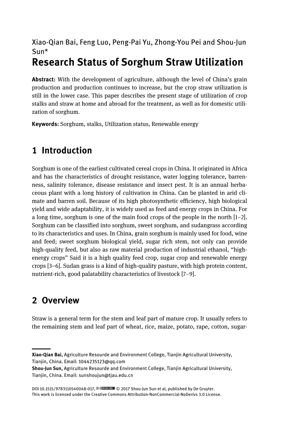 Research Status of Sorghum Straw Utilization