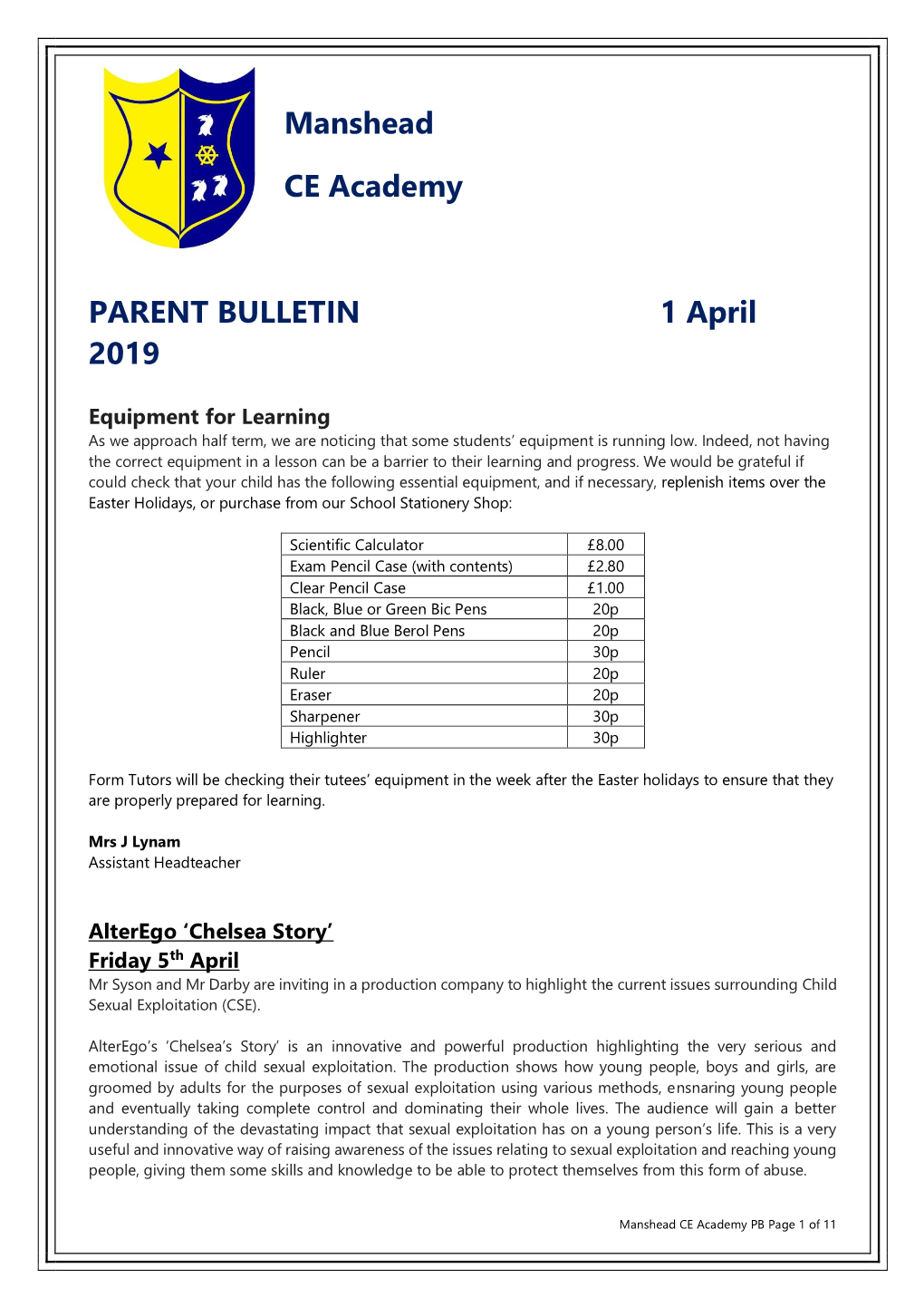 Manshead CE Academy PARENT BULLETIN 1 April 2019