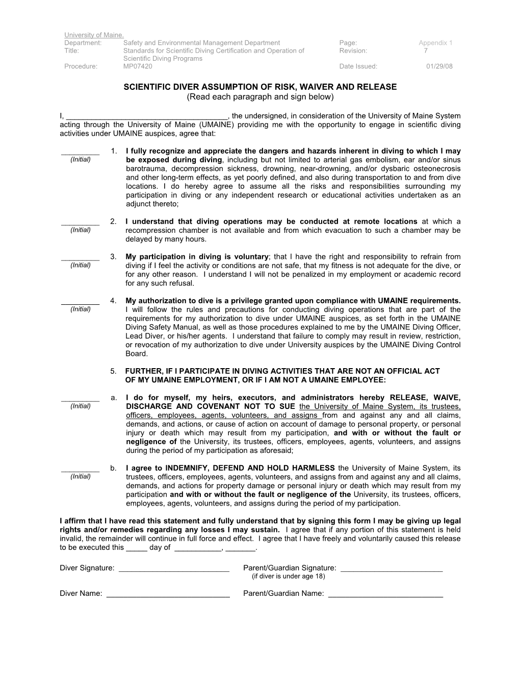 DIVER ASSUMPTION of RISK, WAIVER and RELEASE (Read Each Paragraph and Sign Below)
