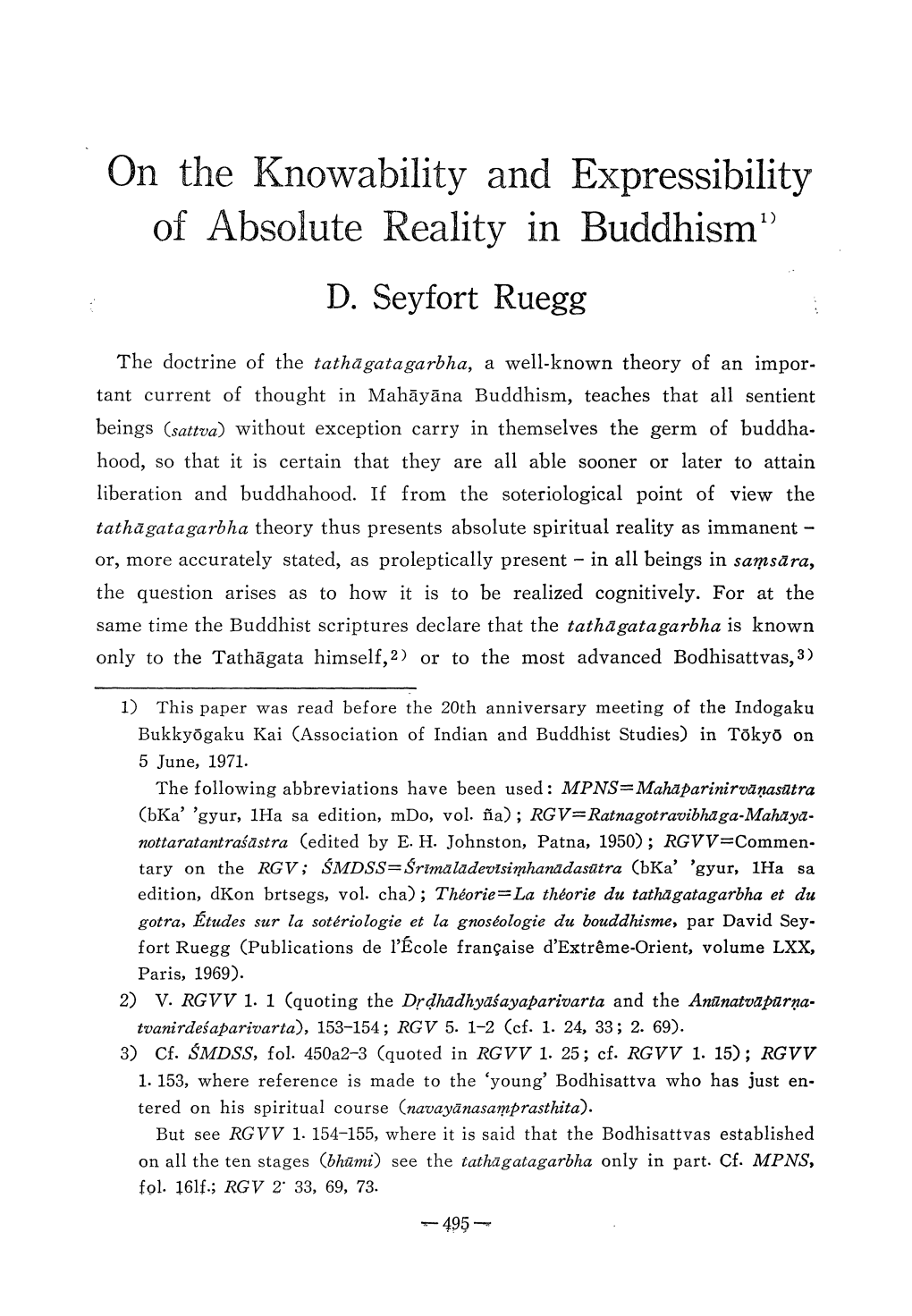 On the Knowability an Resslllt P of Absolute Reality in Buddhism' D