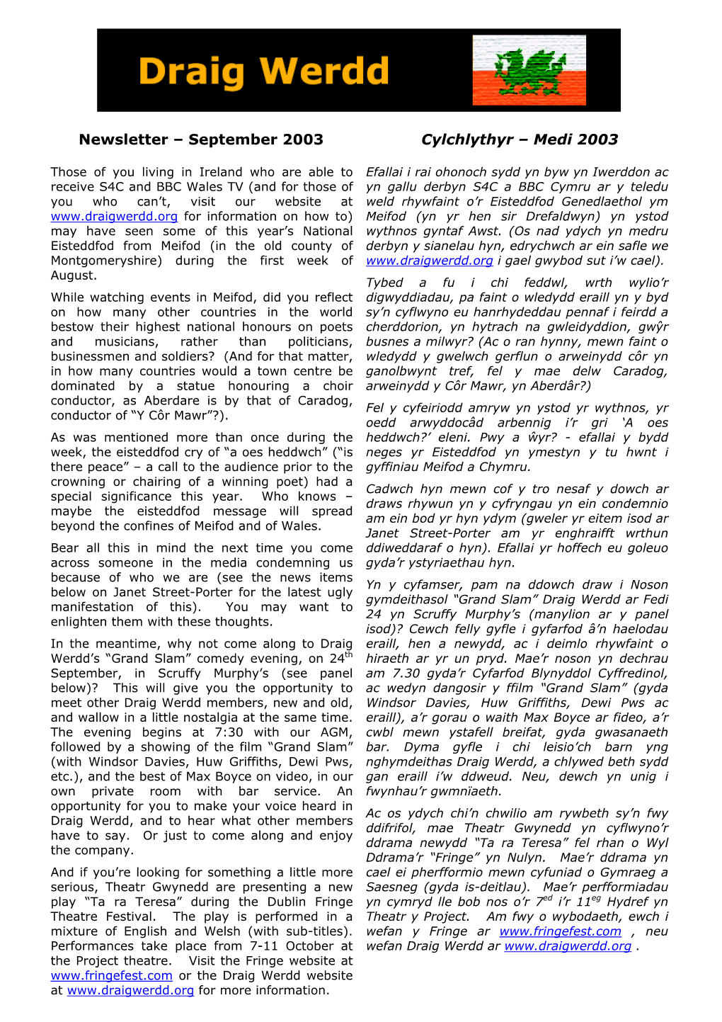 Newsletter – September 2003 Cylchlythyr – Medi 2003