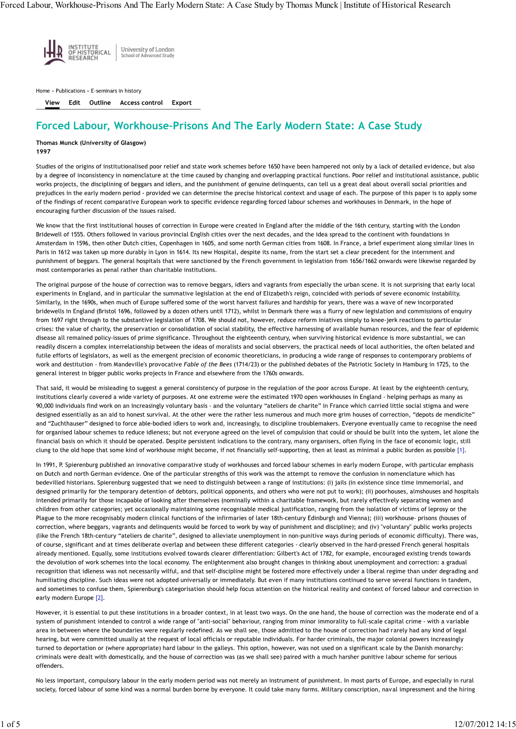 Forced Labour, Workhouse-Prisons and the Early Modern State: a Case Study by Thomas Munck | Institute of Historical Research