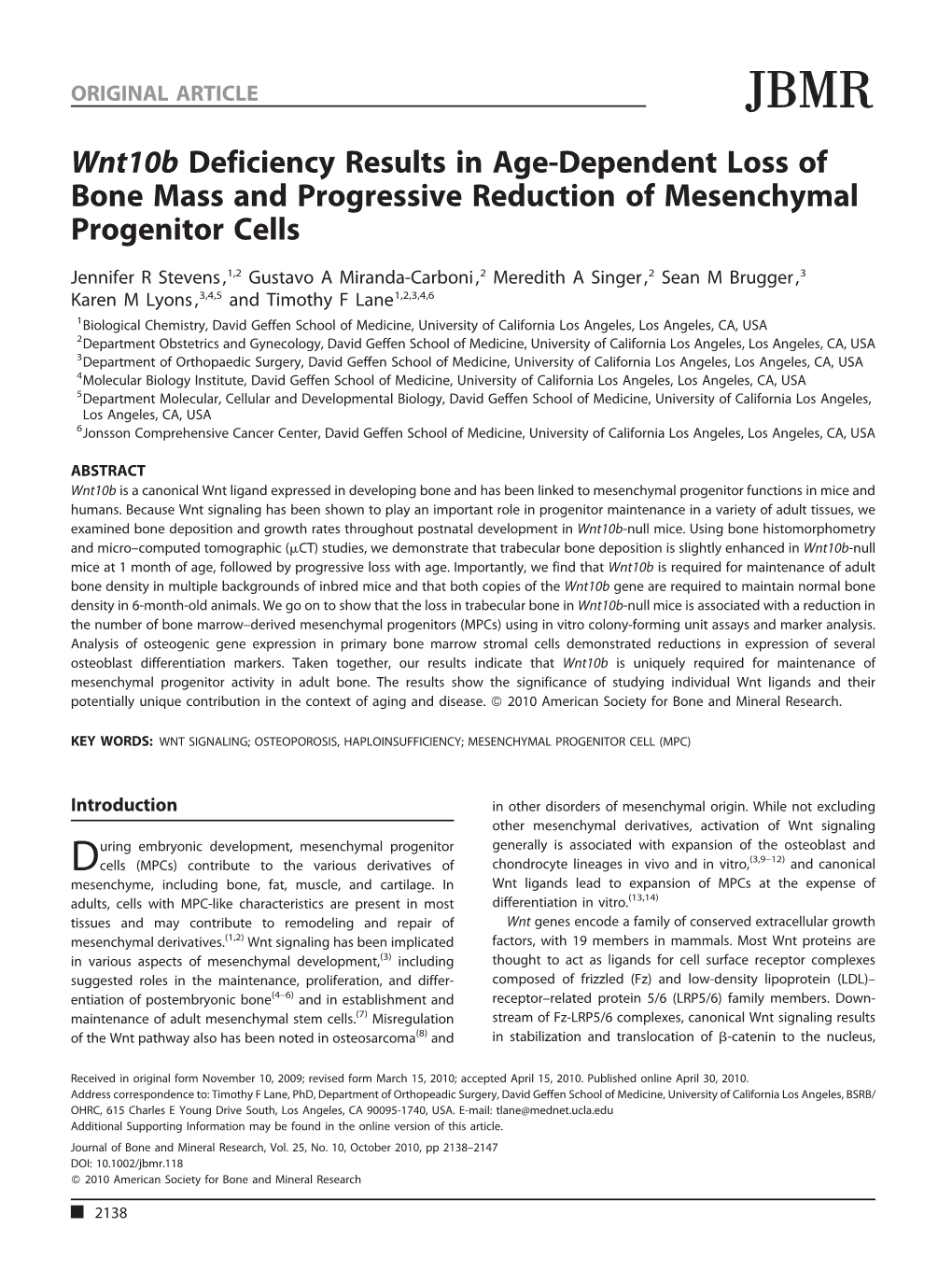 Wnt10b Deficiency Results in Age?Dependent Loss of Bone Mass