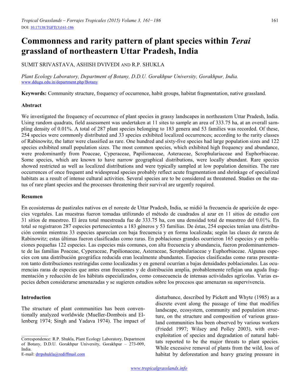 Commonness and Rarity Pattern of Plant Species Within Terai Grassland of Northeastern Uttar Pradesh, India