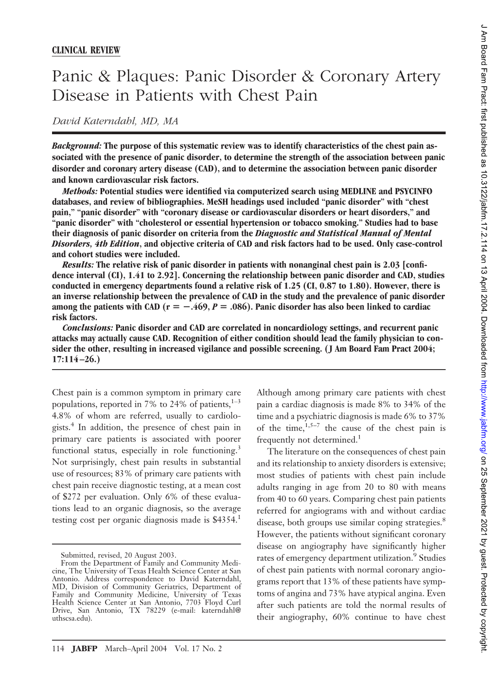 Panic Disorder & Coronary Artery Disease in Patients with Chest Pain