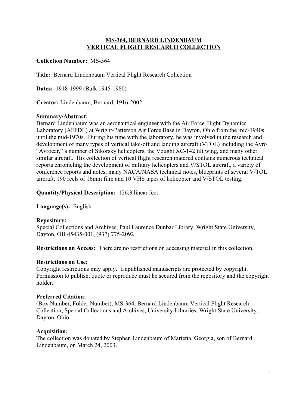 Ms-364, Bernard Lindenbaum Vertical Flight Research Collection