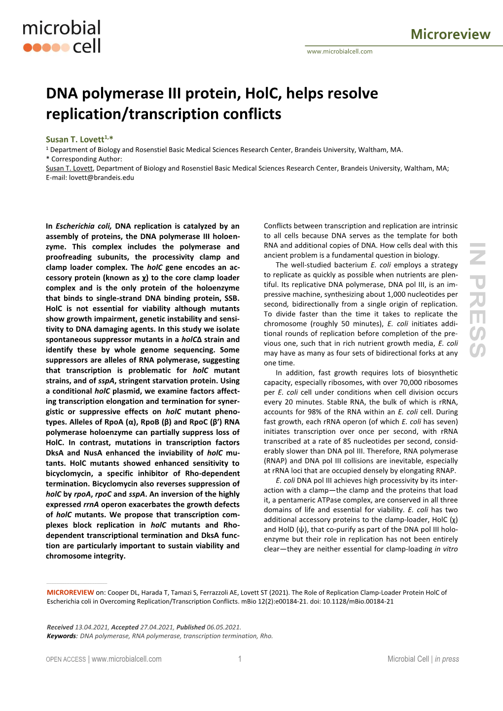 DNA Polymerase III Protein, Holc, Helps Resolve Replication/Transcription Conflicts