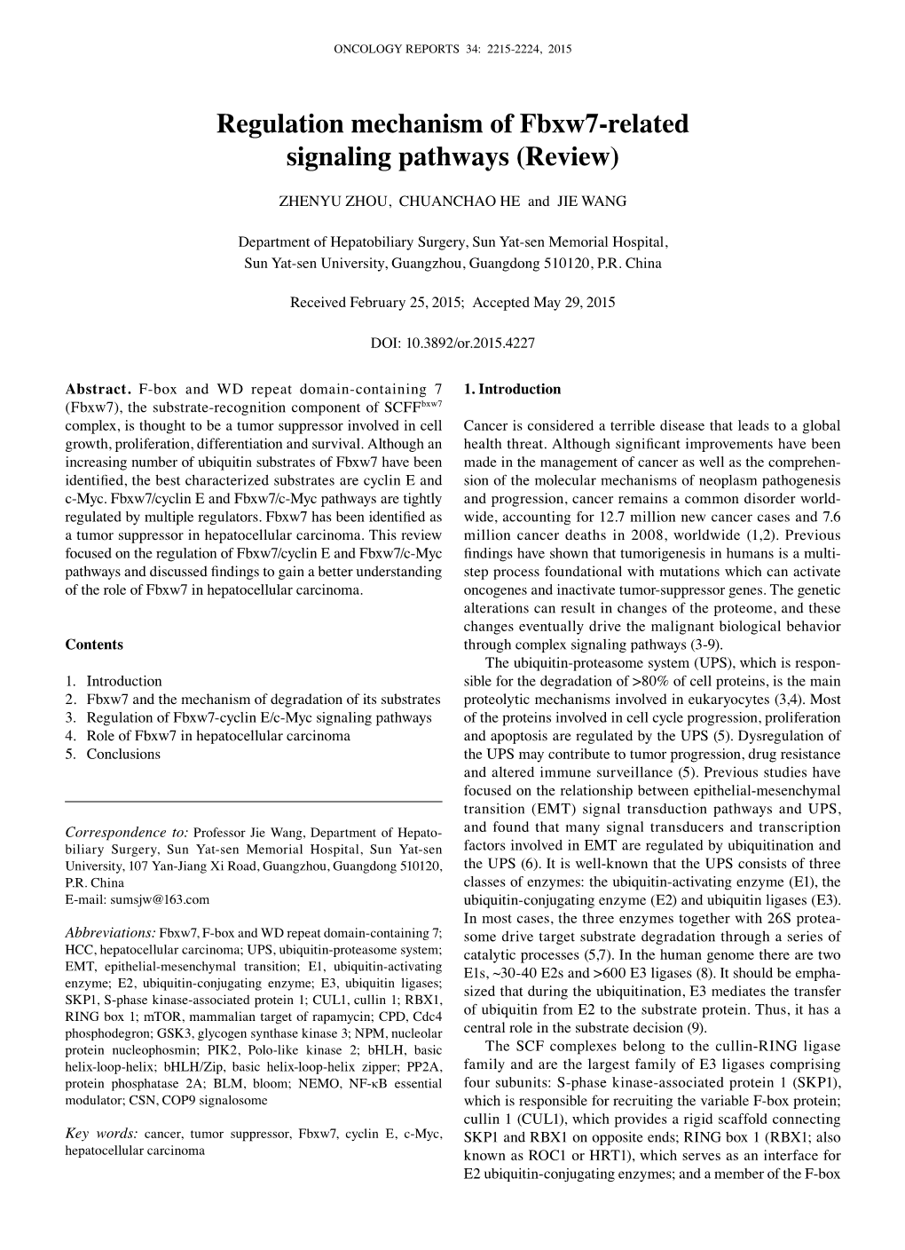 Regulation Mechanism of Fbxw7-Related Signaling Pathways (Review)