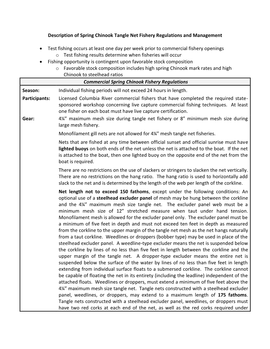 Description of Spring Chinook Tangle Net Fishery Regulations and Management