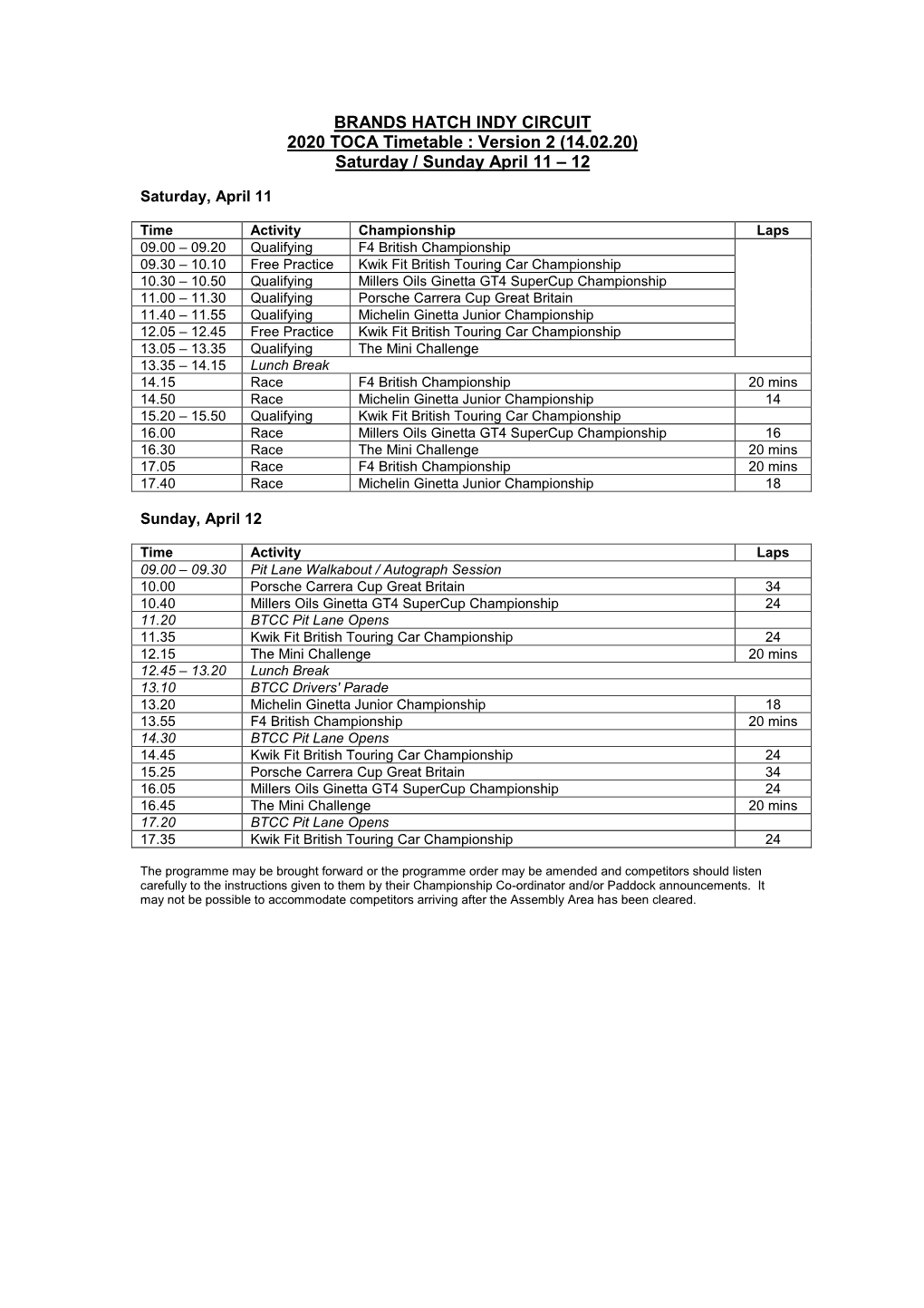 BRANDS HATCH INDY CIRCUIT 2020 TOCA Timetable : Version 2 (14.02.20) Saturday / Sunday April 11 – 12