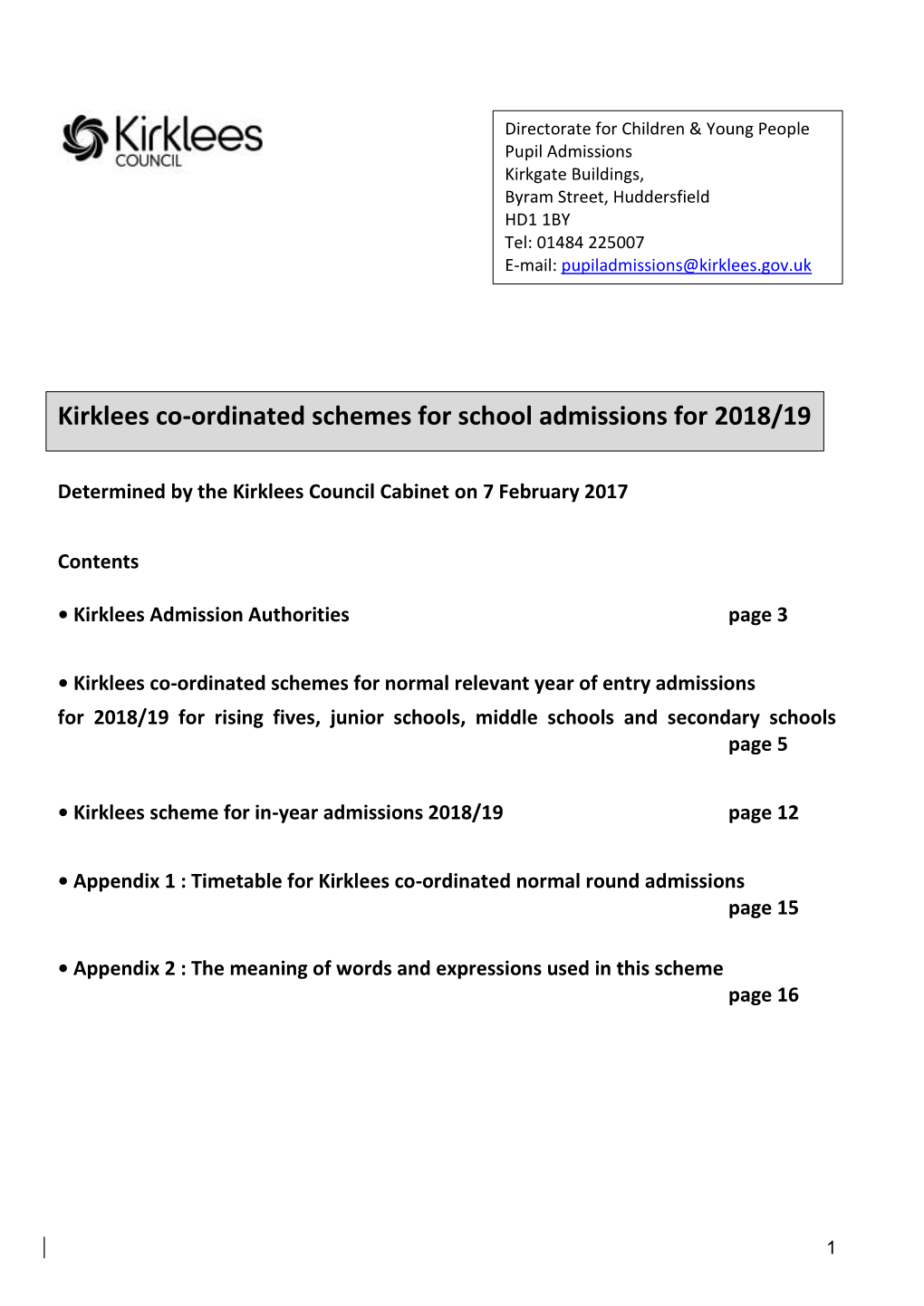 Kirklees Co-Ordinated Schemes for School Admissions for 2018/19