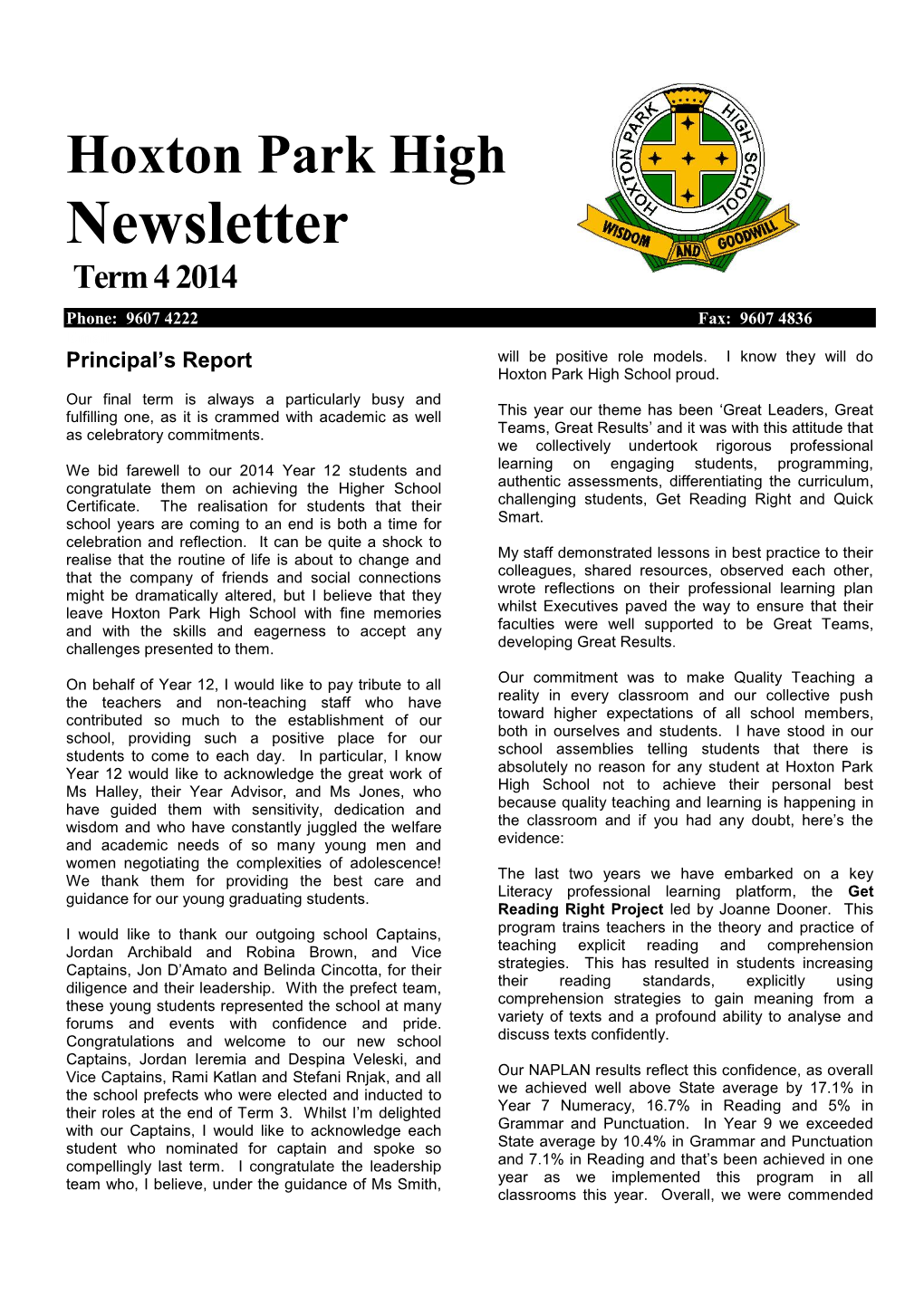 Newsletter Term 4 2014