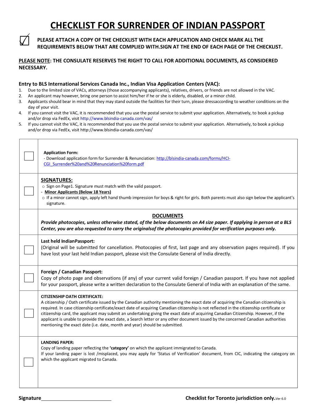 Checklist for Surrender of Indian Passport