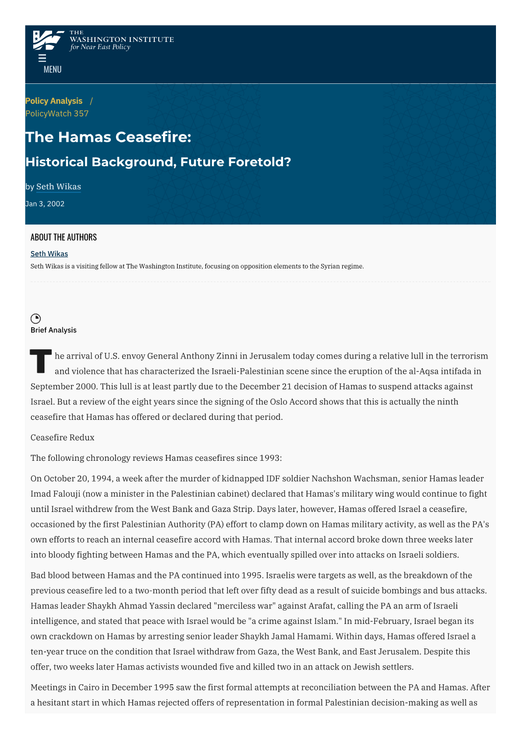 The Hamas Ceasefire: Historical Background, Future Foretold? by Seth Wikas