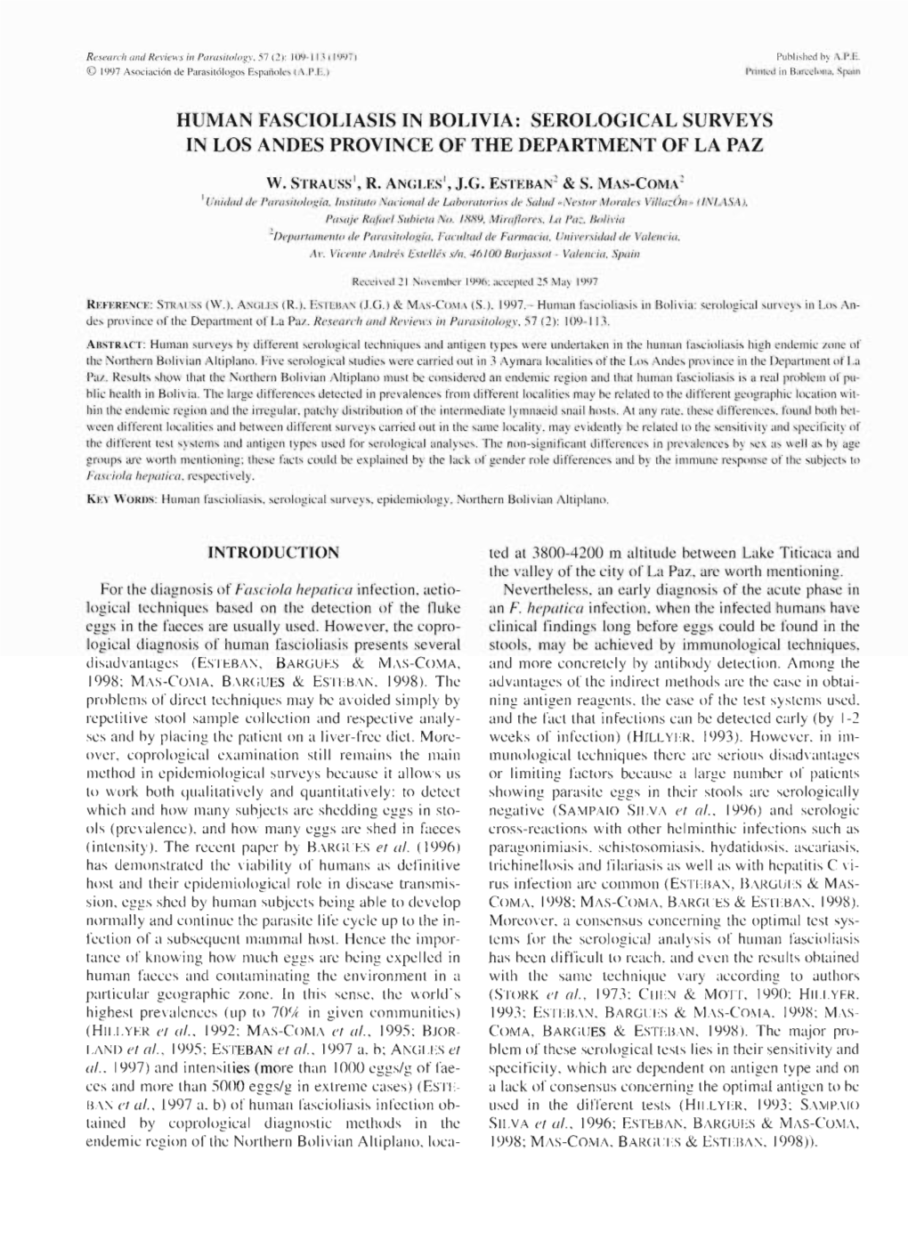 Human Fascioliasis in Bolivia: Serological Surveys in Los Andes Province Ofthe Department of La Paz