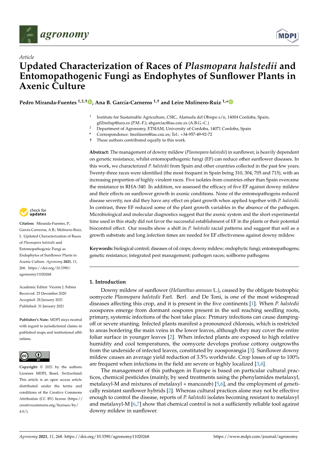Updated Characterization of Races of Plasmopara Halstedii and Entomopathogenic Fungi As Endophytes of Sunﬂower Plants in Axenic Culture