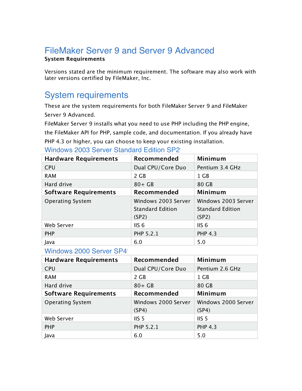 Filemaker Server 9 and Server 9 Advanced System Requirements