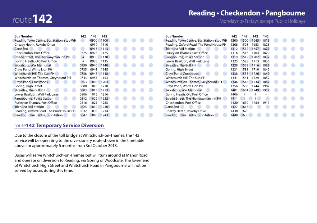 Route142 Mondays to Fridays Except Public Holidays