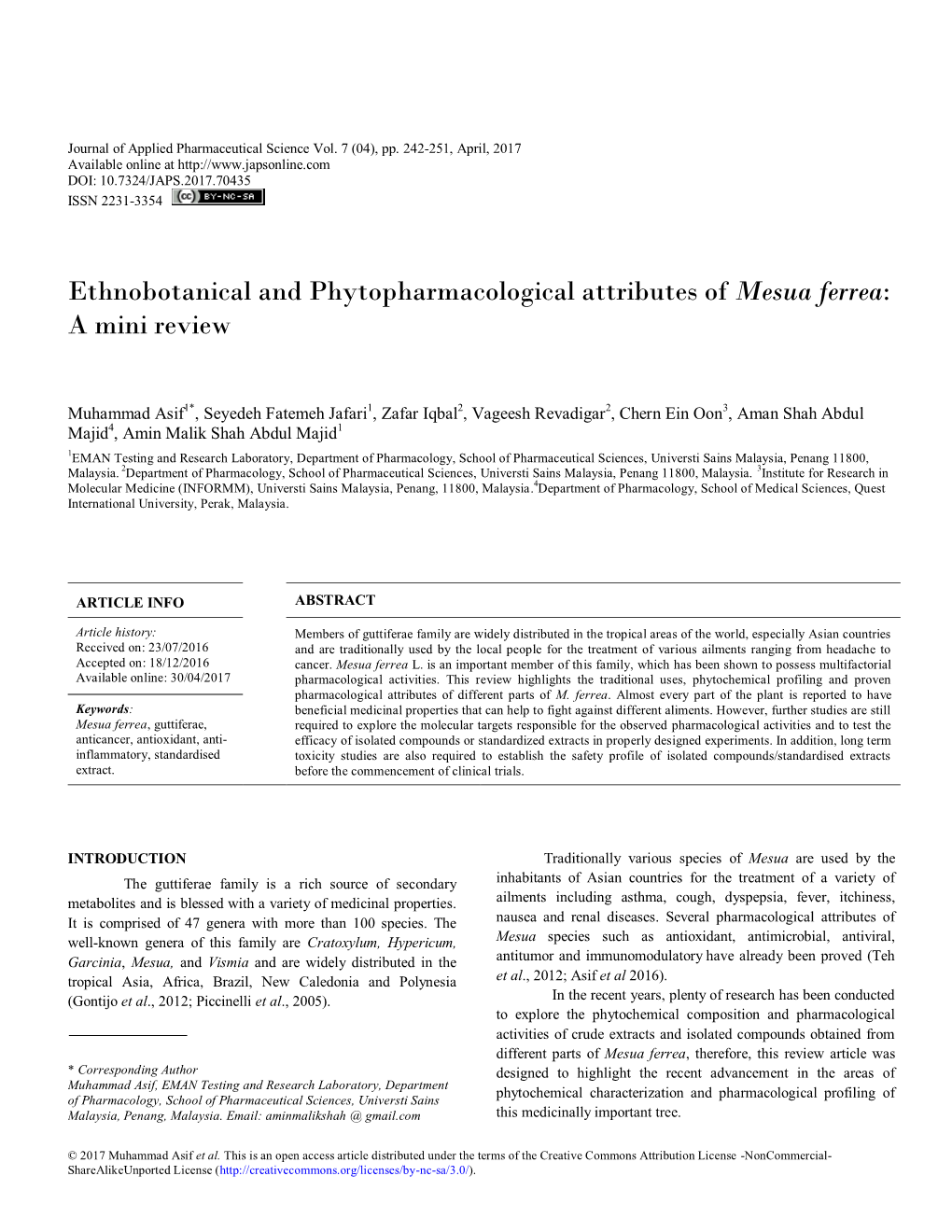 Ethnobotanical and Phytopharmacological Attributes of Mesua Ferrea: a Mini Review