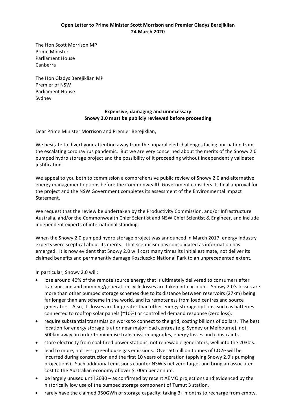 Open Letter to Prime Minister Scott Morrison and Premier Gladys Berejiklian 24 March 2020
