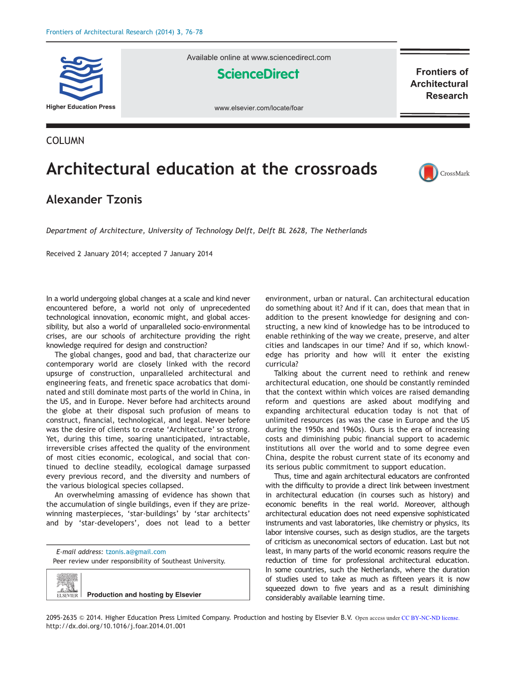 Architectural Education at the Crossroads