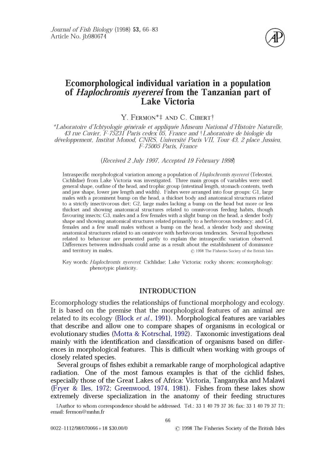 Ecomorphological Individual Variation in a Population of Haplochromis Nyererei from the Tanzanian Part of Lake Victoria