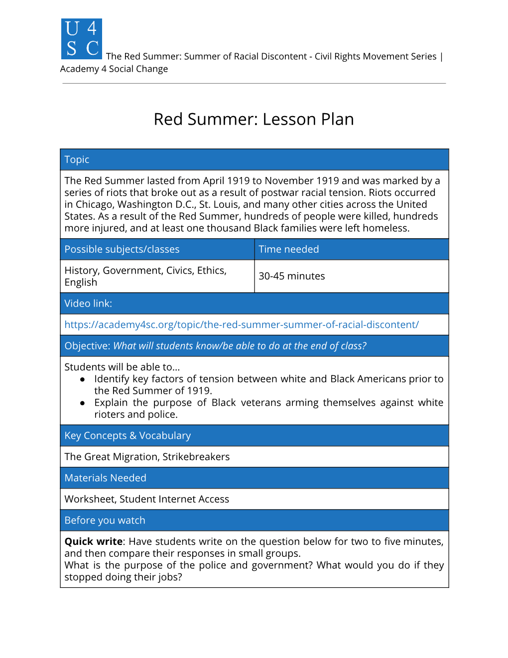 Red Summer: Lesson Plan