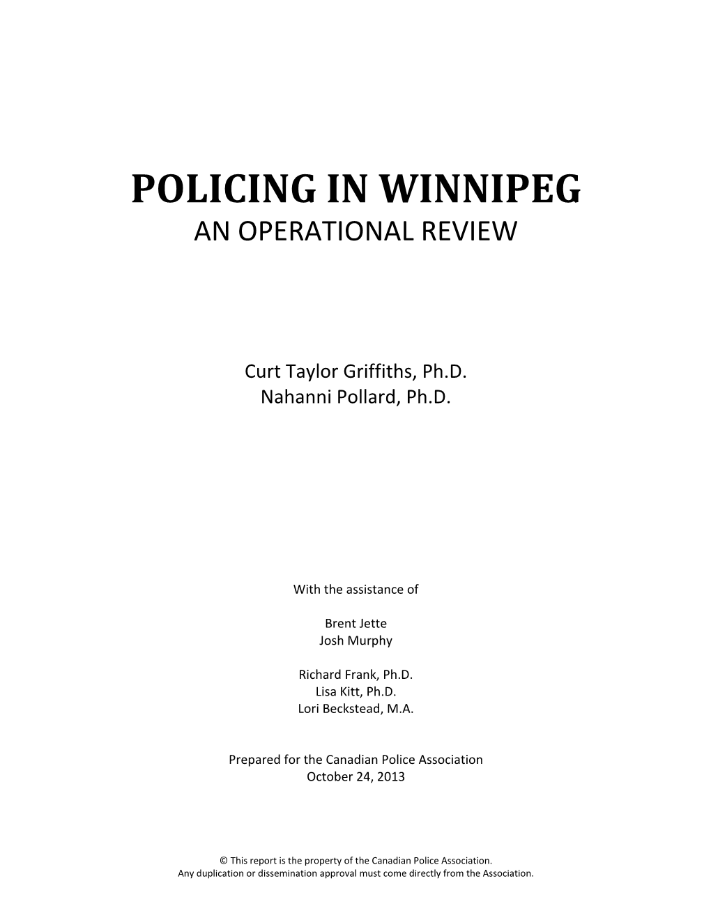 Policing in Winnipeg an Operational Review